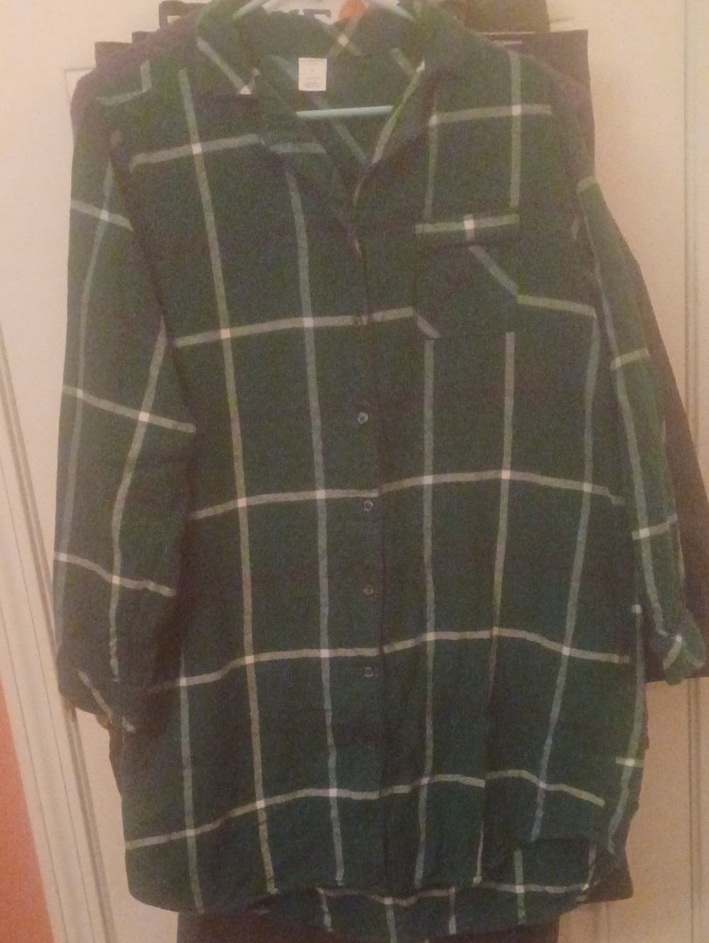 Womens Green Plaid Button-Up Sleep Shirt